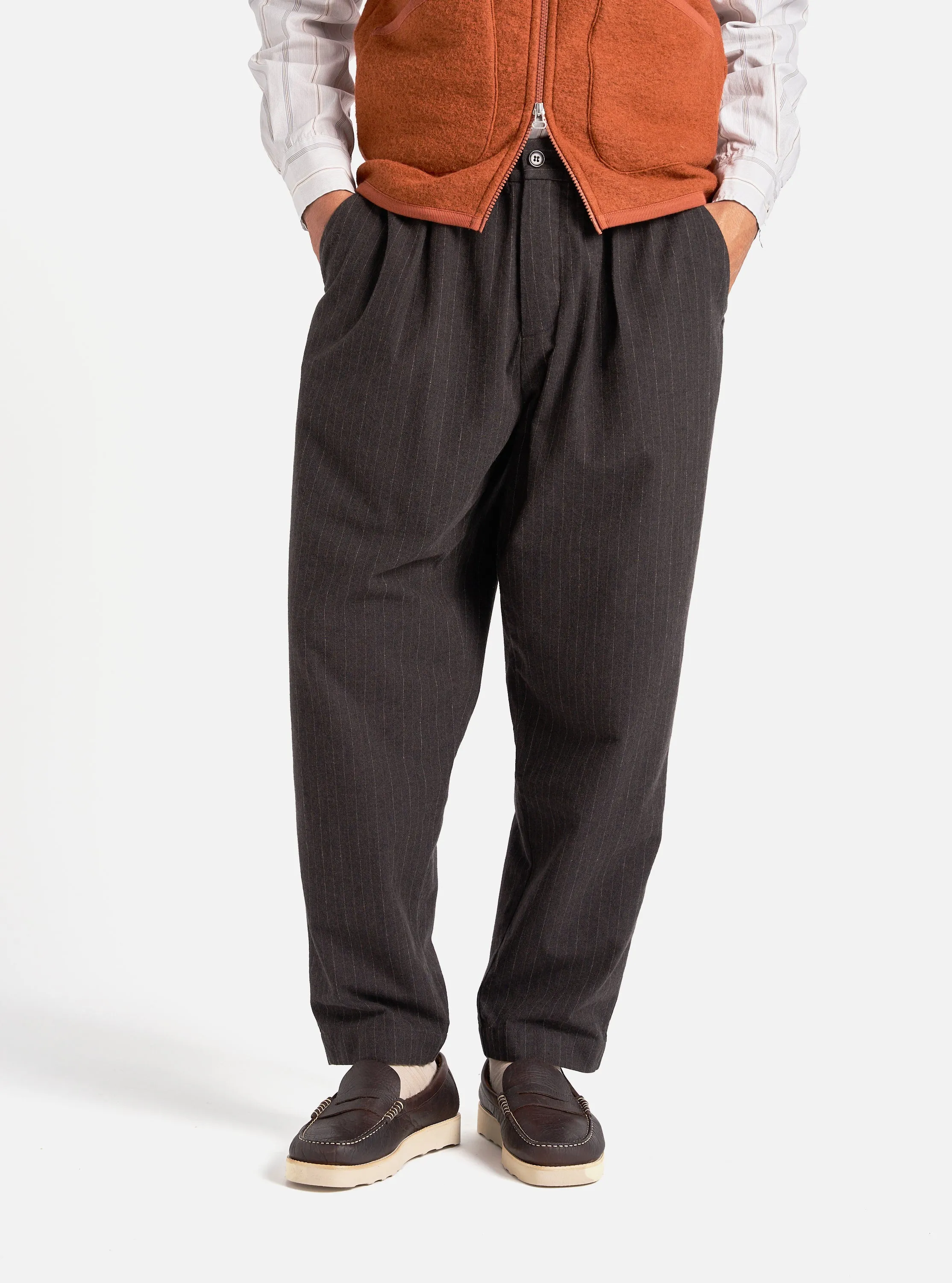 Universal Works Pleated Track Pant in Brown Italian Pinstripe