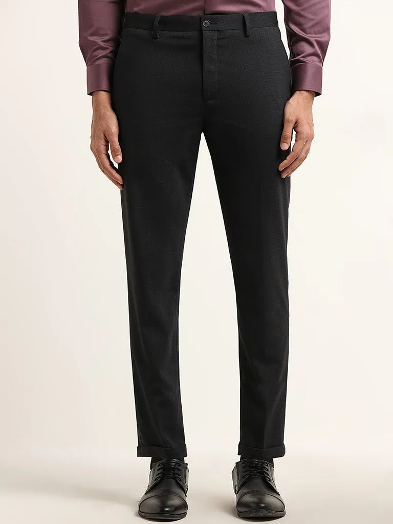 WES Formals Black Carrot-Fit Cotton Blend Trousers