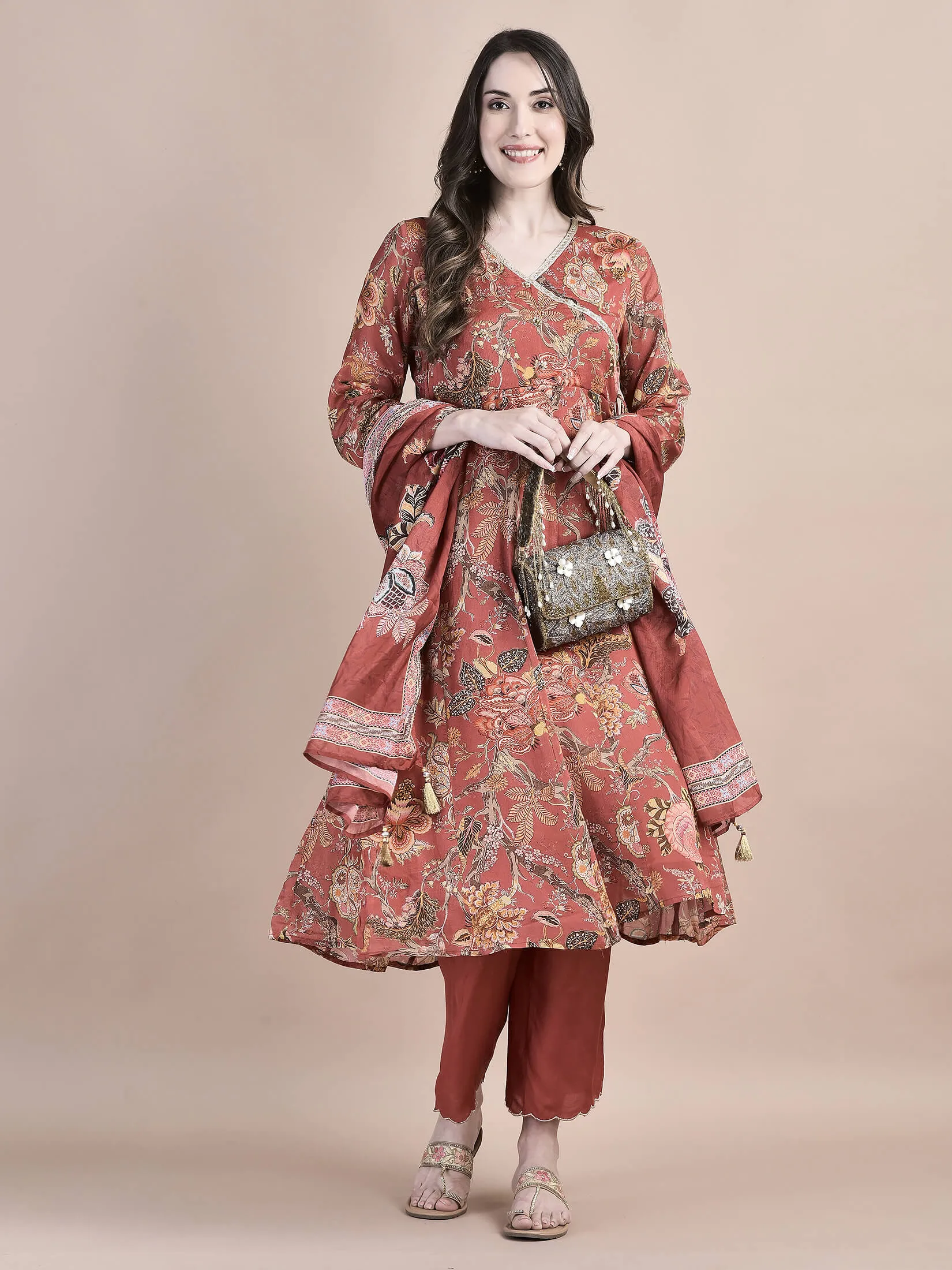 Women Chinon Brick Red Kurta Trouser Dupatta