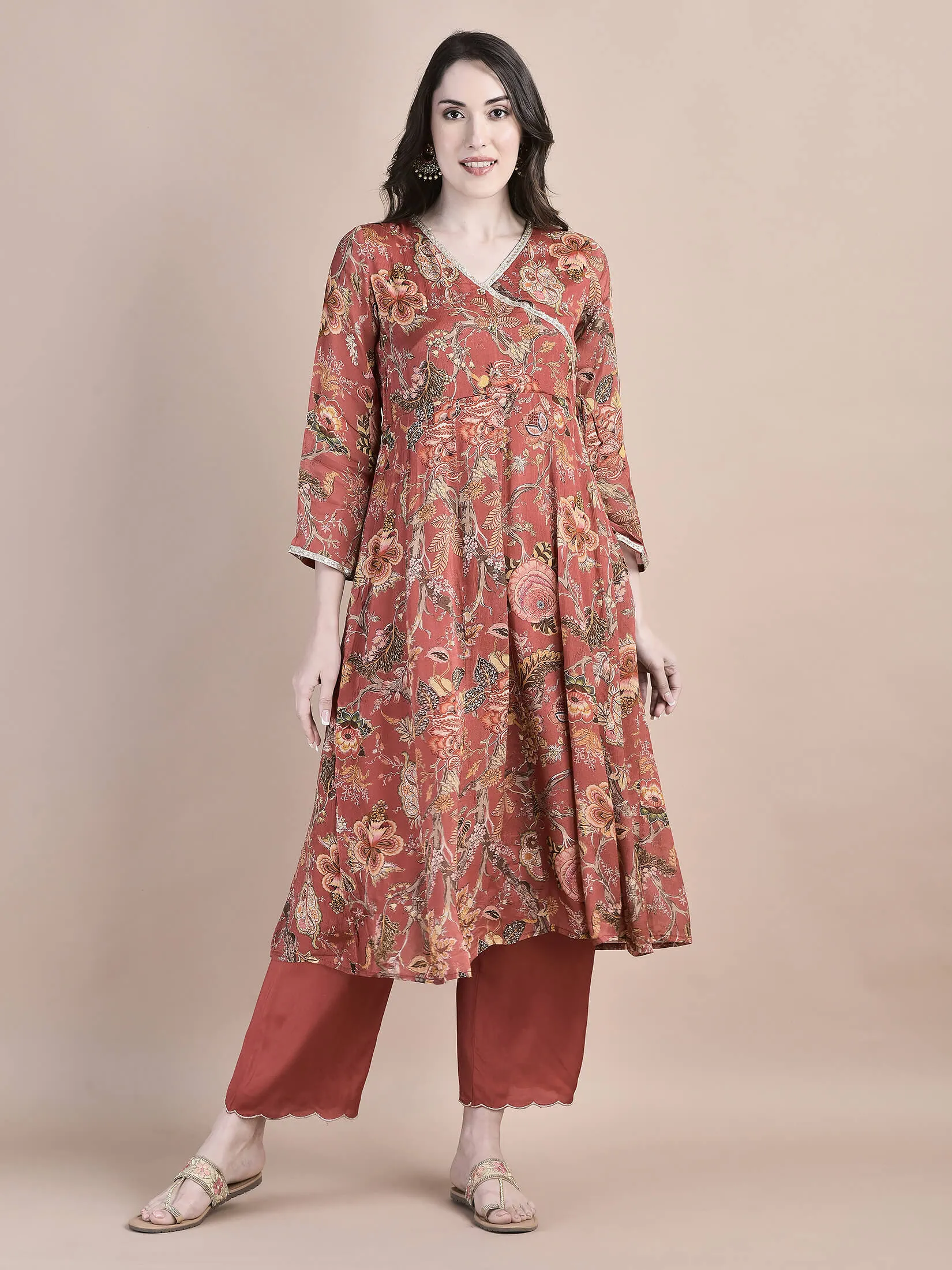 Women Chinon Brick Red Kurta Trouser Dupatta