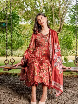 Women Chinon Brick Red Kurta Trouser Dupatta