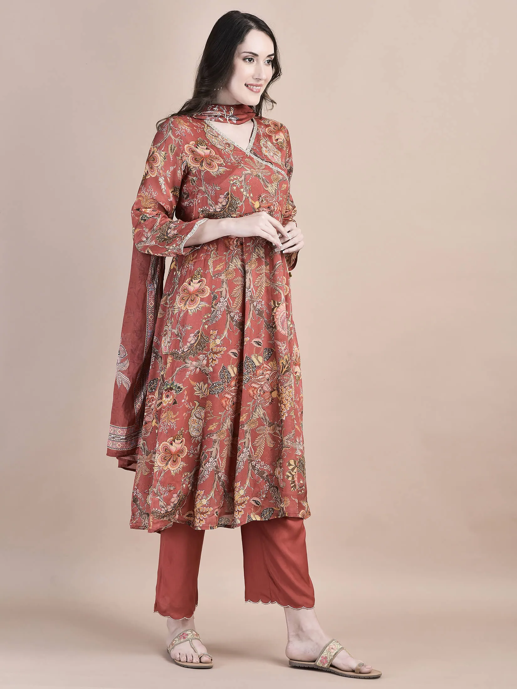 Women Chinon Brick Red Kurta Trouser Dupatta