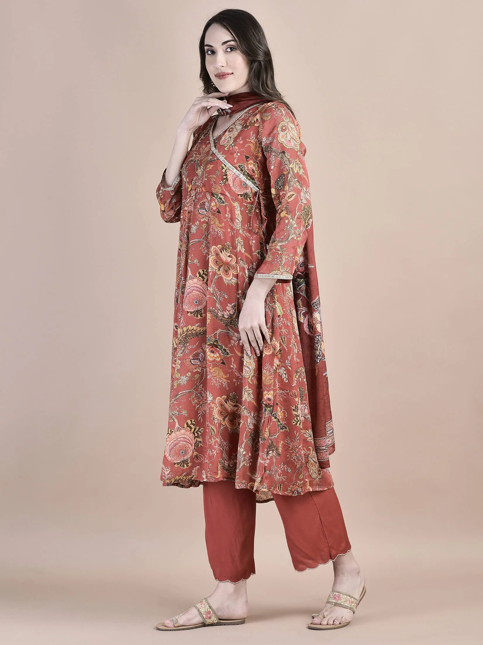 Women Chinon Brick Red Kurta Trouser Dupatta