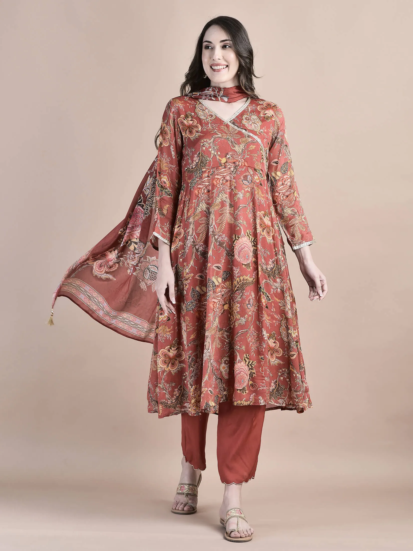 Women Chinon Brick Red Kurta Trouser Dupatta