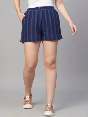 Women's Blue Viscose Linen Regular Fit Shorts