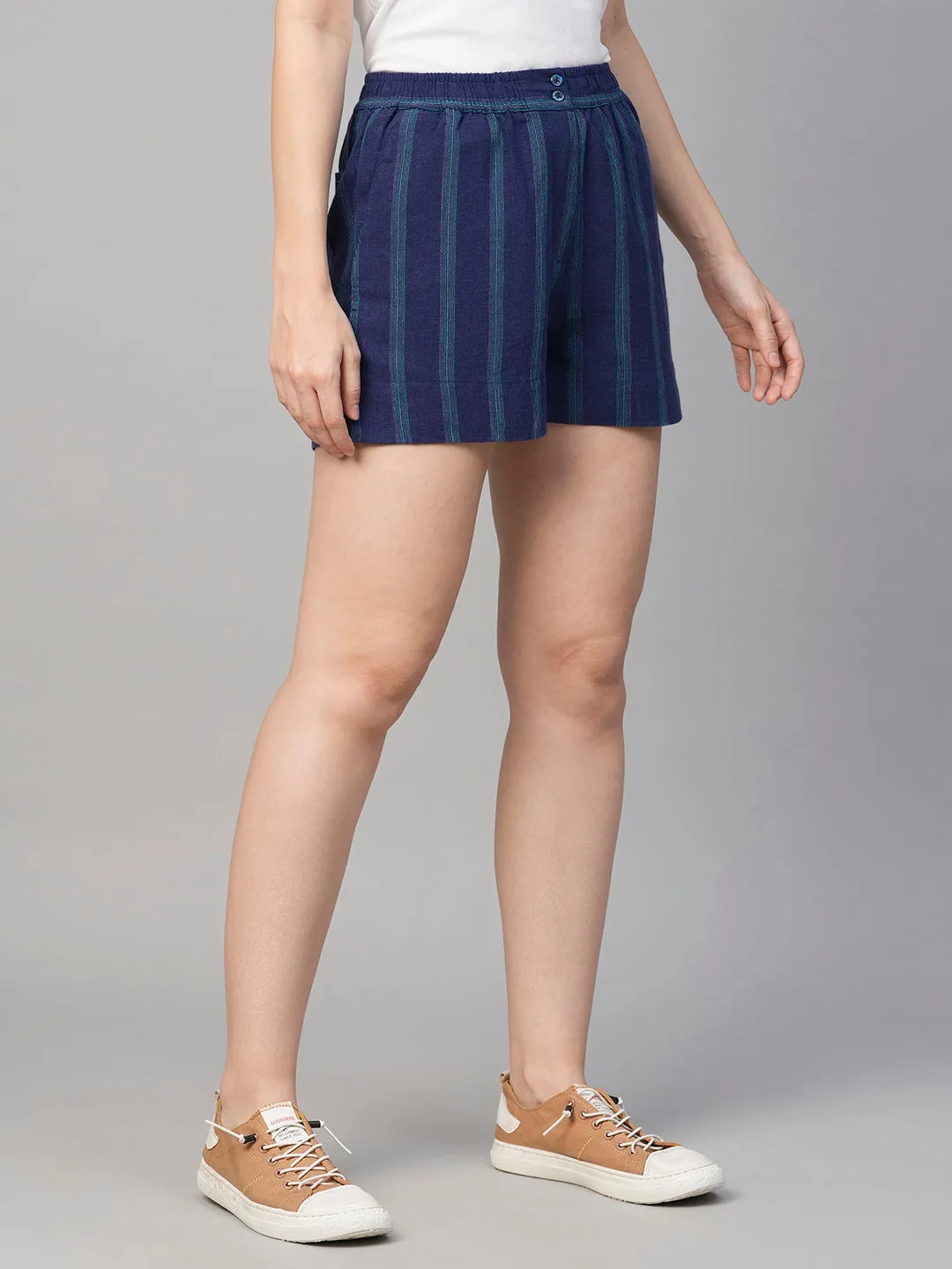 Women's Blue Viscose Linen Regular Fit Shorts